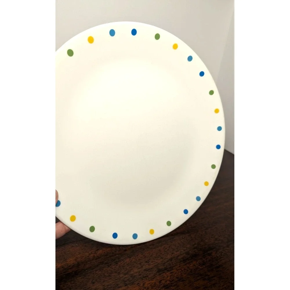 Vintage Corelle Cordot Dinner Plates White Blue Green Yellow Dots Set of 2